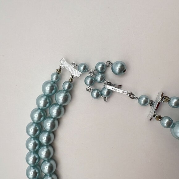 Baby Blue Double Strand Faux Pearl Necklace Choker Silver Tone Clasp - Picture 2 of 6